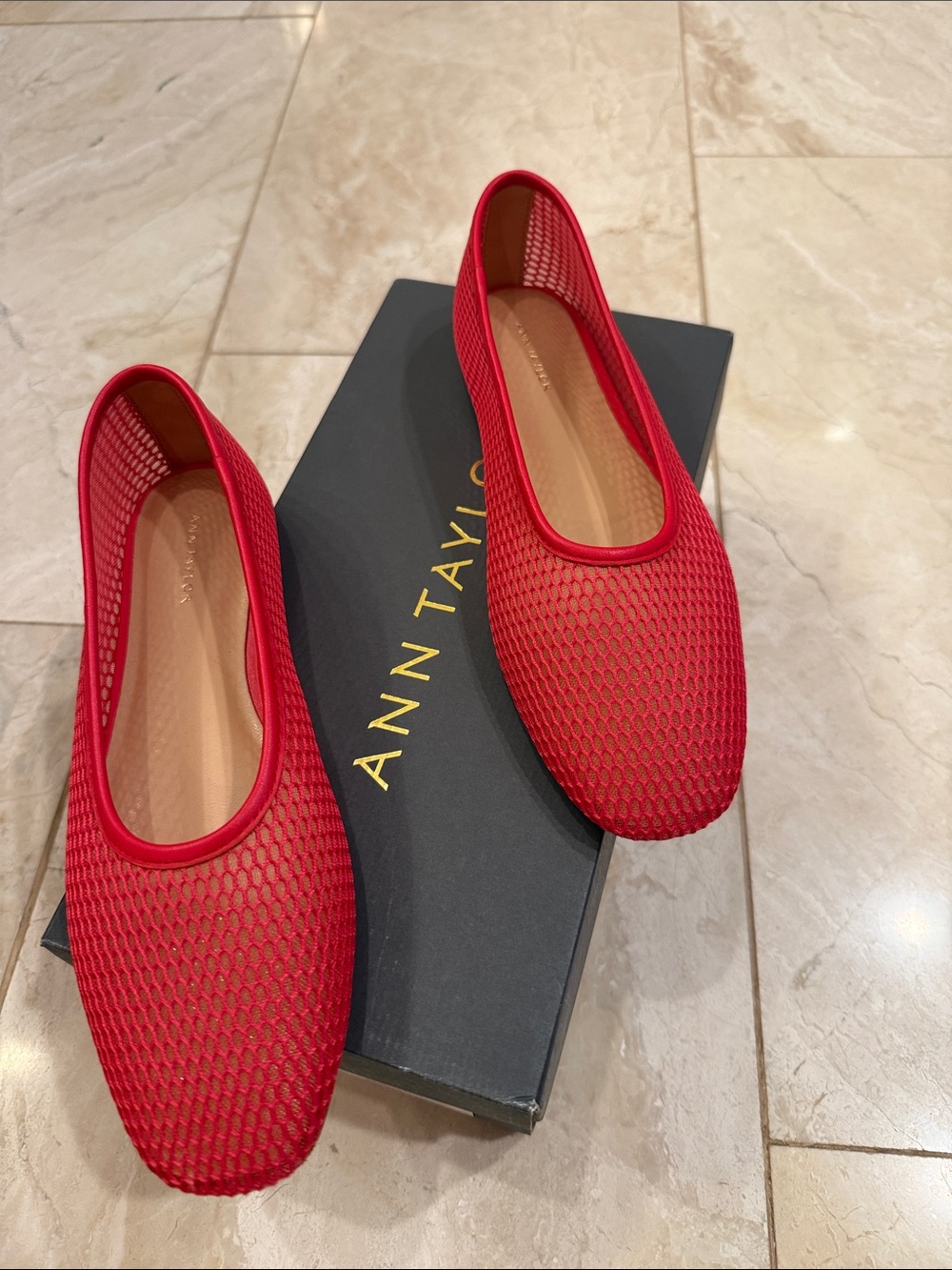 Ann Taylor Bright Red Mesh Slip-On Ballet Flats